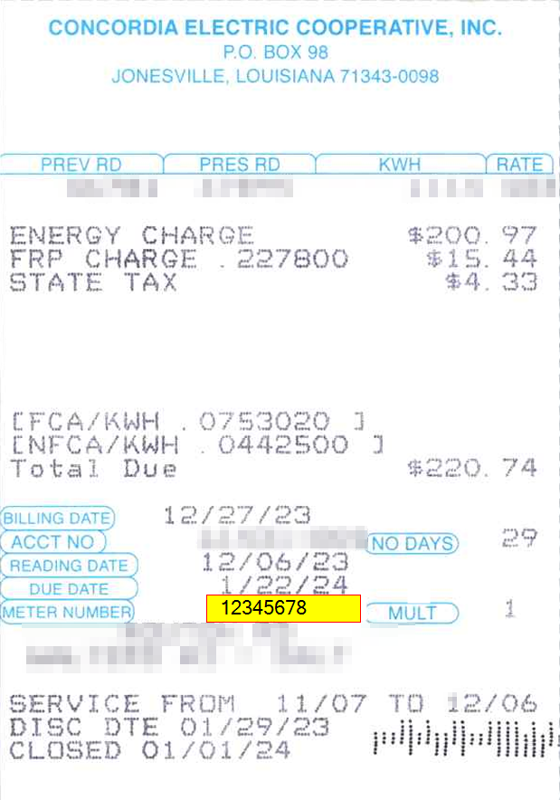 Example bill displaying meter number